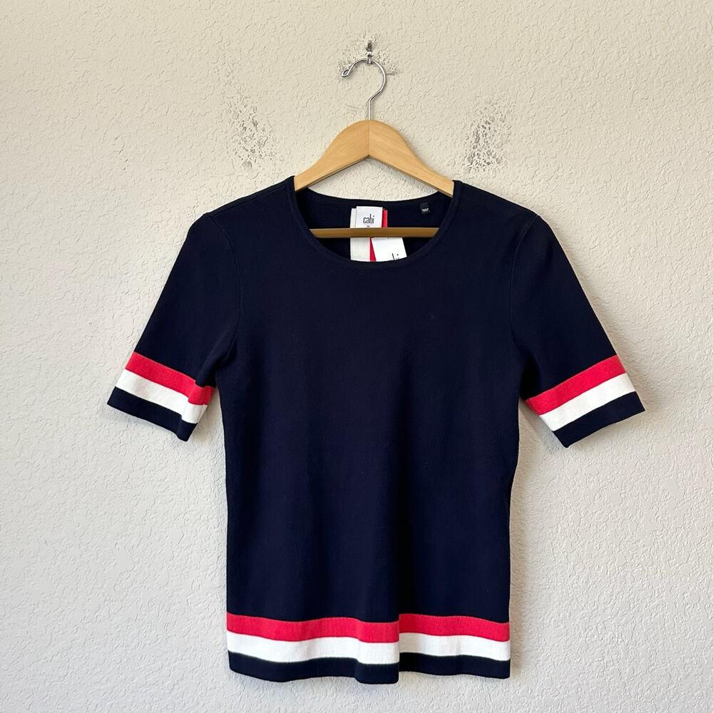 CABI Hampton Shell Sweater Classic Navy Blue Striped SS Preppy NWT